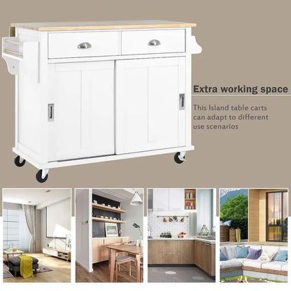 Rubberwood Folding Countertop Kitchen Cart with 2 Drawers and Storage Cabinet