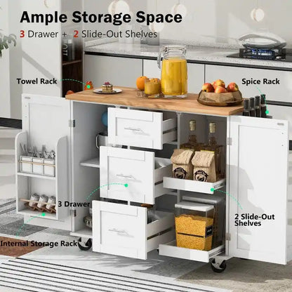 Rolling Kitchen Island Cart on Wheels with Storage,2 Slide-Out Shelf and Internal Storage Rack