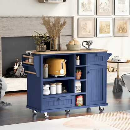 Island Cart with Storage Cabinet and Two Locking Wheels, wood desktop,Microwave cabinet,Floor Standing Buffet Server Sideboard