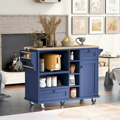 Island Cart with Storage Cabinet and Two Locking Wheels, wood desktop,Microwave cabinet,Floor Standing Buffet Server Sideboard