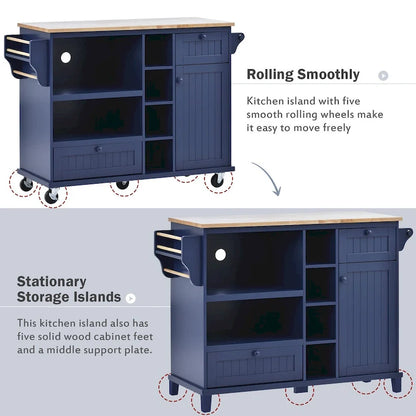 Island Cart with Storage Cabinet and Two Locking Wheels, wood desktop,Microwave cabinet,Floor Standing Buffet Server Sideboard