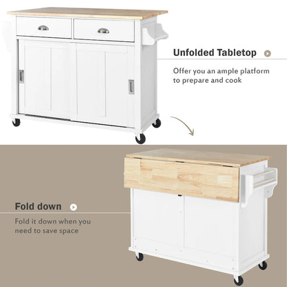 Kitchen Cart with Rubber wood Drop-Leaf Countertop, sliding barn door
