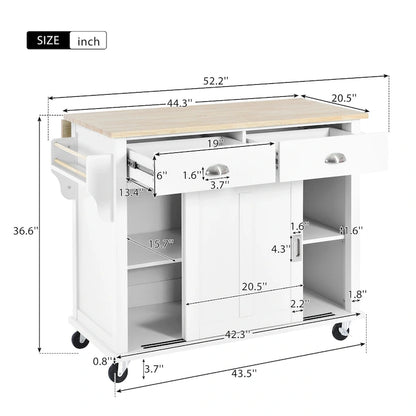Kitchen Cart with Rubber wood Drop-Leaf Countertop, sliding barn door