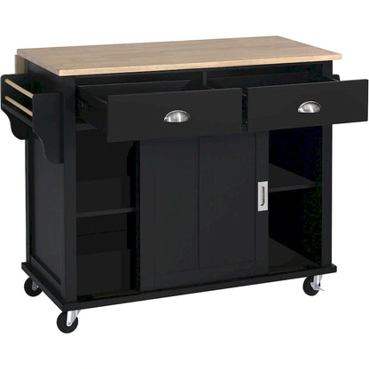 Kitchen Cart with Rubber wood Drop-Leaf Countertop, sliding barn door