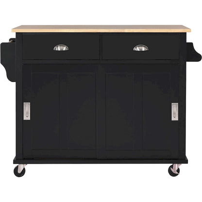 Kitchen Cart with Rubber wood Drop-Leaf Countertop, sliding barn door