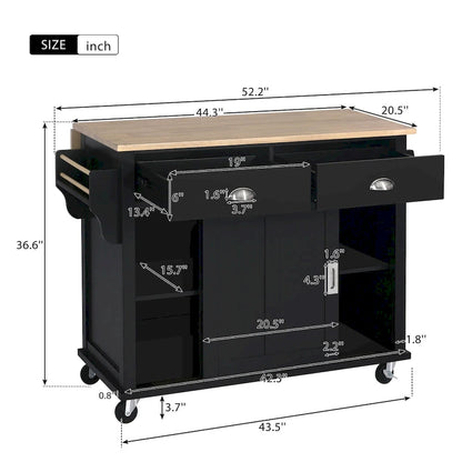 Kitchen Cart with Rubber wood Drop-Leaf Countertop, sliding barn door