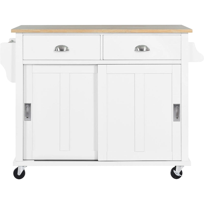 Kitchen Cart with Rubber wood Drop-Leaf Countertop, sliding barn door