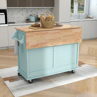 Kitchen Cart with Rubber wood Drop-Leaf Countertop, sliding barn door