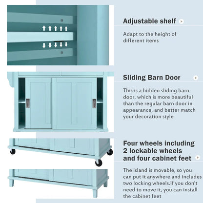 Kitchen Cart with Rubber wood Drop-Leaf Countertop, sliding barn door