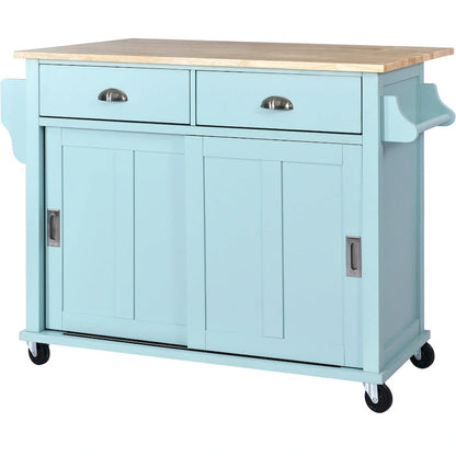 Kitchen Cart with Rubber wood Drop-Leaf Countertop, sliding barn door