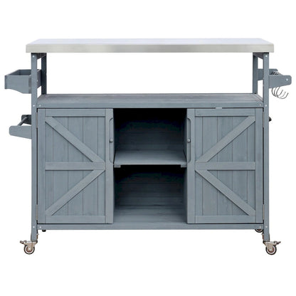 50.25 in. Farmhouse Solid Wood Outdoor Kitchen Island Grill Cart with Stainless Steel Top