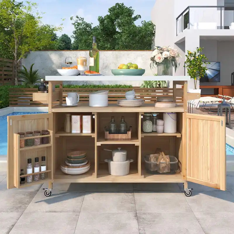 50.25 in. Farmhouse Solid Wood Outdoor Kitchen Island Grill Cart with Stainless Steel Top