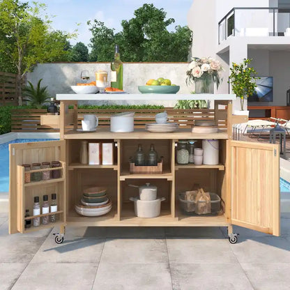 50.25 in. Farmhouse Solid Wood Outdoor Kitchen Island Grill Cart with Stainless Steel Top