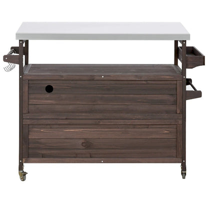50.25 in. Farmhouse Solid Wood Outdoor Kitchen Island Grill Cart with Stainless Steel Top