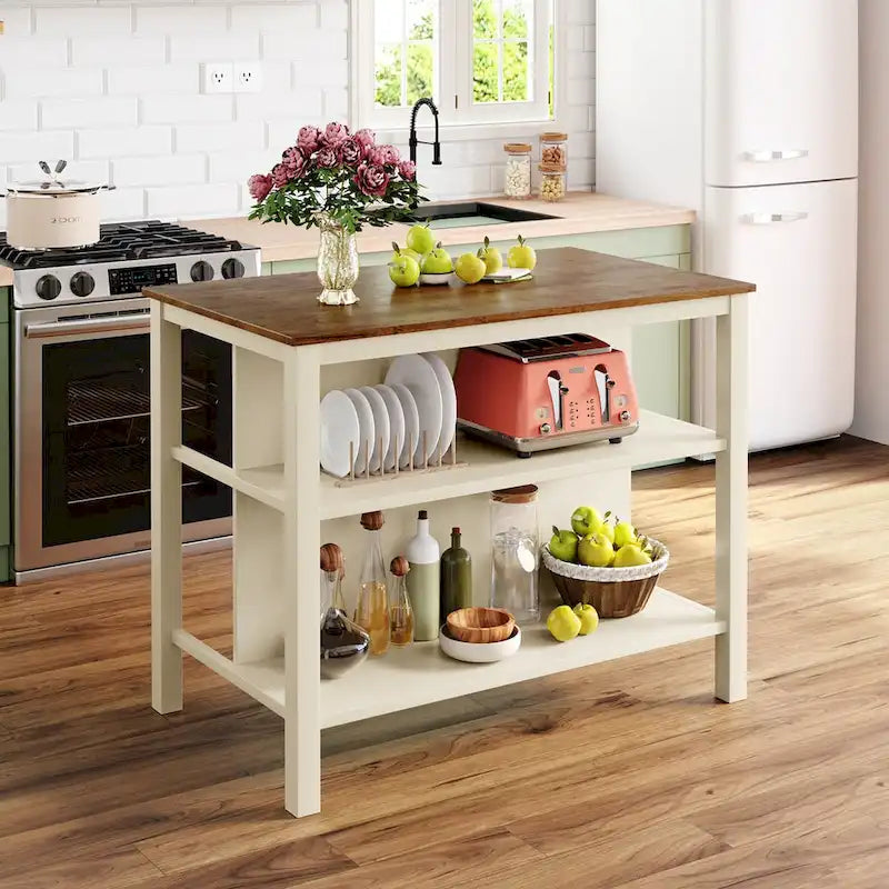 Solid Wood Rustic 45 Stationary Kitchen Island, Rubber Wood Butcher Block Dining Table Prep Table with 2 Open Shelves