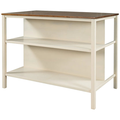 Solid Wood Rustic 45 Stationary Kitchen Island, Rubber Wood Butcher Block Dining Table Prep Table with 2 Open Shelves