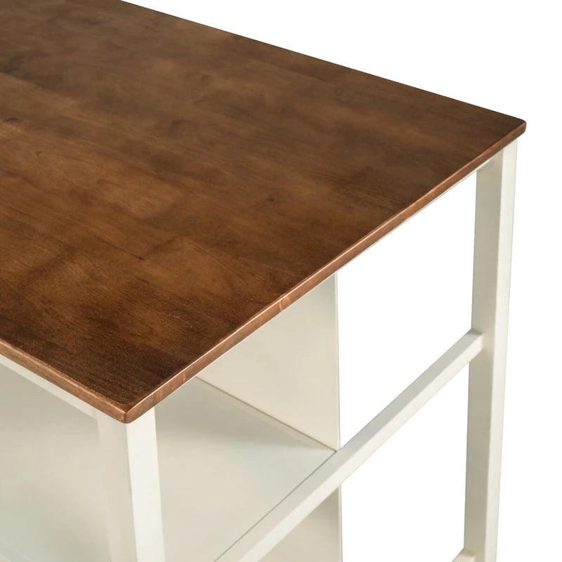 Solid Wood Rustic 45 Stationary Kitchen Island, Rubber Wood Butcher Block Dining Table Prep Table with 2 Open Shelves