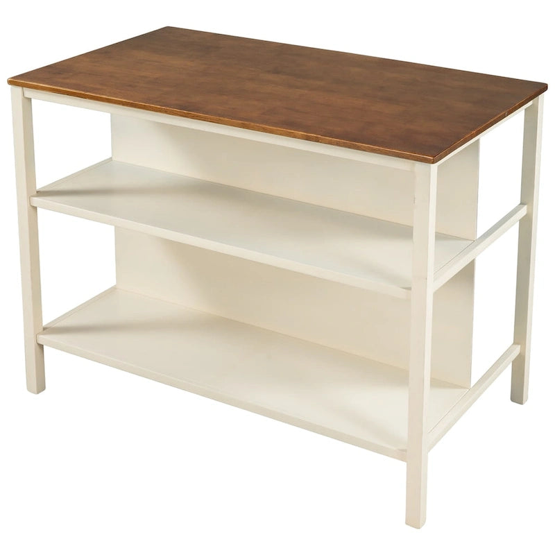Solid Wood Rustic 45 Stationary Kitchen Island, Rubber Wood Butcher Block Dining Table Prep Table with 2 Open Shelves