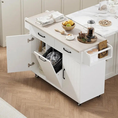 Kitchen Island with Trash Can Storage and Adjustable Shelf