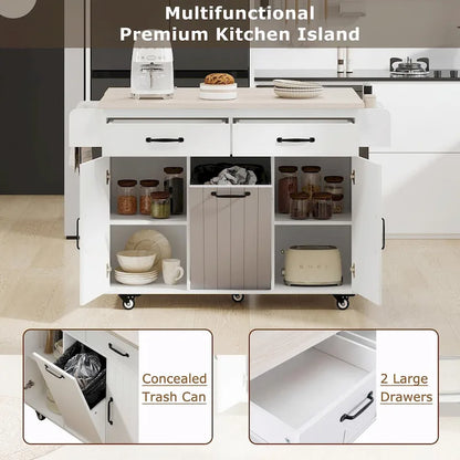 Kitchen Island with Trash Can Storage and Adjustable Shelf