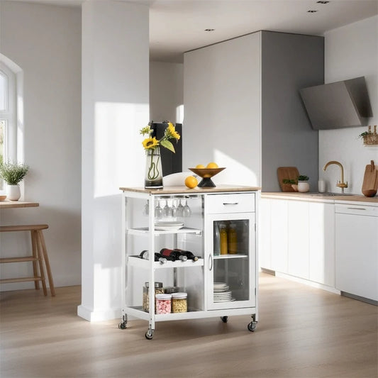 Rolling Wood Kitchen Island with Storage and Stemware Holder - N/A