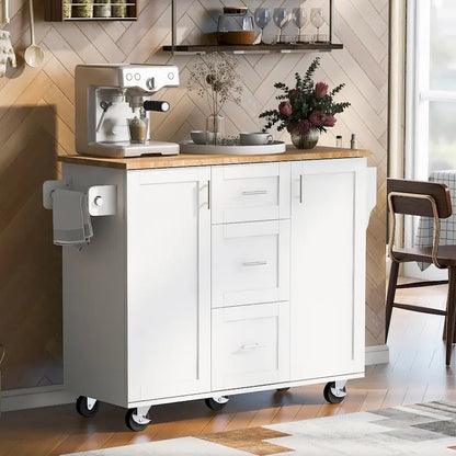 Rubberwood Kitchen Cart with Drop Leaf, Internal Storage Rack, Spice Rack, 2 Slide-Out Shelf, and 3 drawer