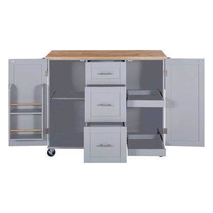 Rubberwood Kitchen Cart with Drop Leaf, Internal Storage Rack, Spice Rack, 2 Slide-Out Shelf, and 3 drawer