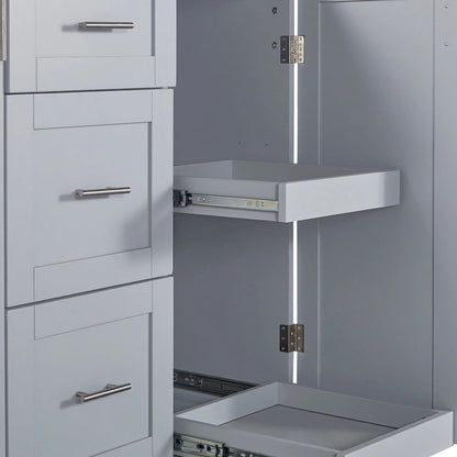 Rubberwood Kitchen Cart with Drop Leaf, Internal Storage Rack, Spice Rack, 2 Slide-Out Shelf, and 3 drawer