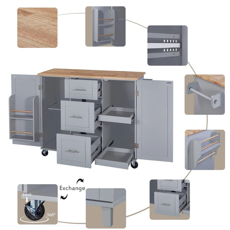 Rubberwood Kitchen Cart with Drop Leaf, Internal Storage Rack, Spice Rack, 2 Slide-Out Shelf, and 3 drawer
