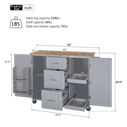 Rubberwood Kitchen Cart with Drop Leaf, Internal Storage Rack, Spice Rack, 2 Slide-Out Shelf, and 3 drawer