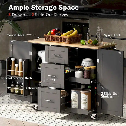 Rubberwood Kitchen Cart with Drop Leaf, Internal Storage Rack, Spice Rack, 2 Slide-Out Shelf, and 3 drawer