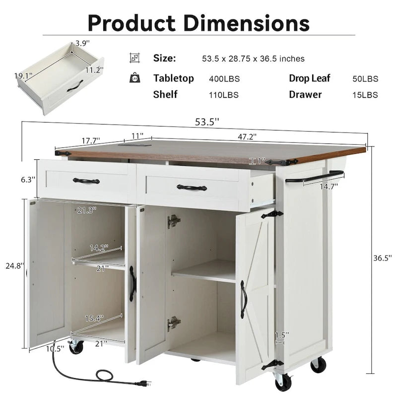 53.5 Farmhouse Kitchen Island with Power Outlet