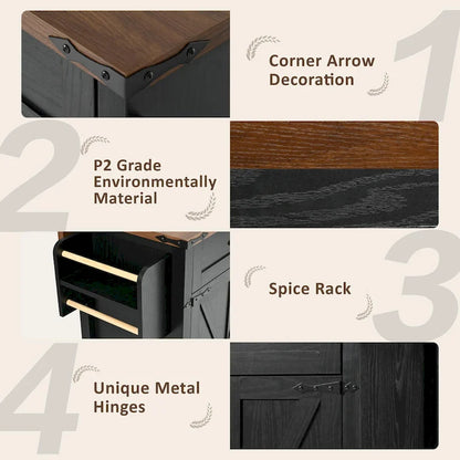 53.5 Farmhouse Kitchen Island - Power Outlet, Drop Leaf, Spice Rack, Drawer, Rolling Cart on Wheels
