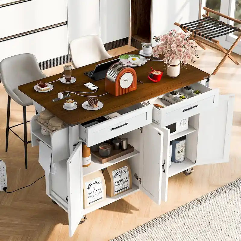 53.5 Farmhouse Kitchen Island - Power Outlet, Drop Leaf, Spice Rack, Drawer, Rolling Cart on Wheels