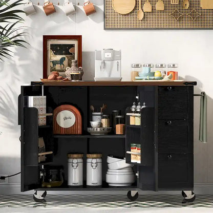54.5 Farmhouse Kitchen Island with Power Outlet, Kitchen Storage Island with Internal Storage Rack, Drop Leaf, Spice Rack