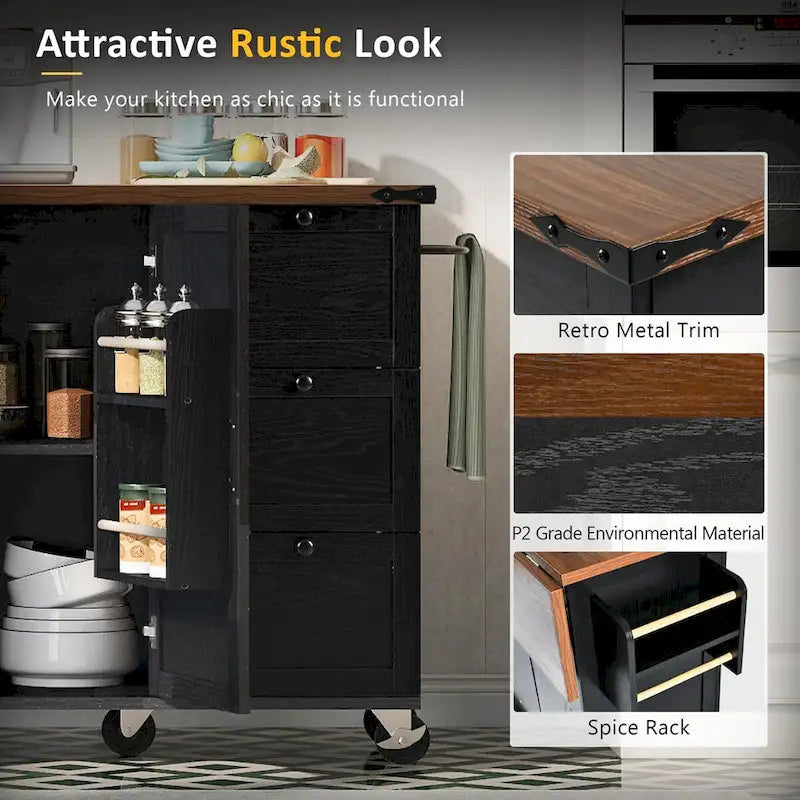 54.5 Farmhouse Kitchen Island with Power Outlet, Kitchen Storage Island with Internal Storage Rack, Drop Leaf, Spice Rack