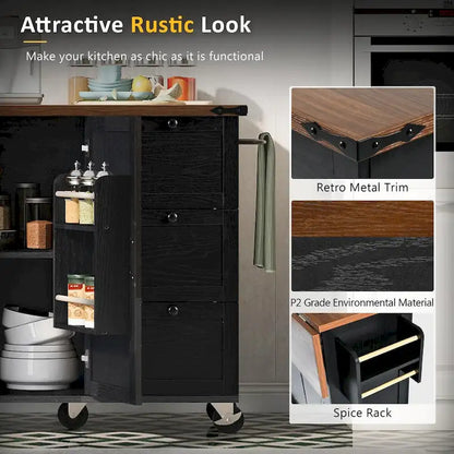 54.5 Farmhouse Kitchen Island with Power Outlet, Kitchen Storage Island with Internal Storage Rack, Drop Leaf, Spice Rack