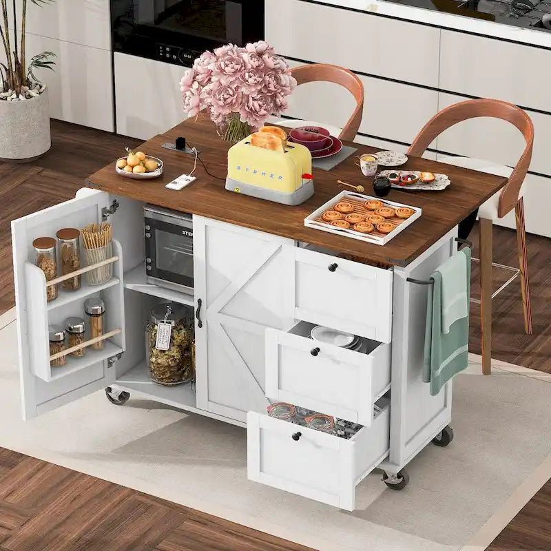 54.5 Farmhouse Kitchen Island with Power Outlet, Kitchen Storage Island with Internal Storage Rack, Drop Leaf, Spice Rack