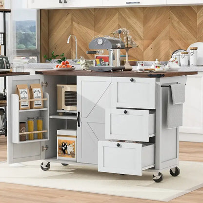 54.5 Farmhouse Kitchen Island with Power Outlet, Kitchen Storage Island with Internal Storage Rack, Drop Leaf, Spice Rack