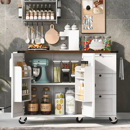 54.5 Farmhouse Kitchen Island with Power Outlet, Kitchen Storage Island with Internal Storage Rack, Drop Leaf, Spice Rack