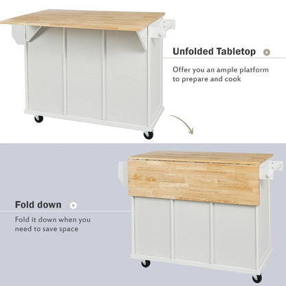 Kitchen Island on 5 Wheels with Storage Cabinet and 3 Drawers
