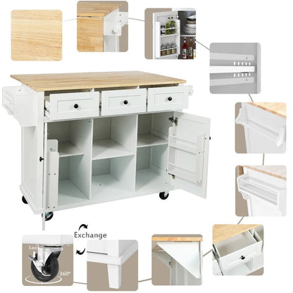 Kitchen Island on 5 Wheels with Storage Cabinet and 3 Drawers