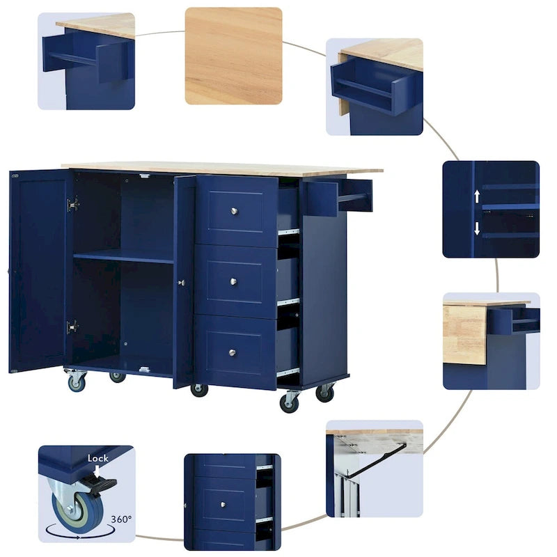 Rolling Mobile Kitchen Island with Locking Wheels Storage Cabinet - 52.76 x 29.5 x 36.81 inches