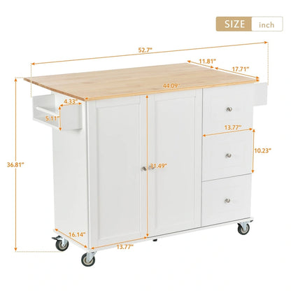 Rolling Mobile Kitchen Island with Locking Wheels Storage Cabinet - 52.76 x 29.5 x 36.81 inches