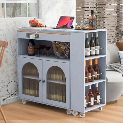 Rolling Kitchen Island: Extended Table, Power Outlets, Glass Doors