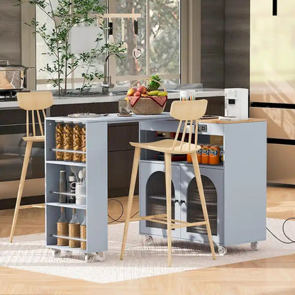 Rolling Kitchen Island: Extended Table, Power Outlets, Glass Doors