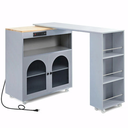 Rolling Kitchen Island: Extended Table, Power Outlets, Glass Doors