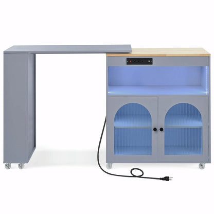 Rolling Kitchen Island: Extended Table, Power Outlets, Glass Doors