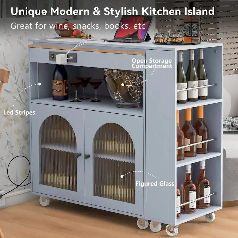 Rolling Kitchen Island: Extended Table, Power Outlets, Glass Doors