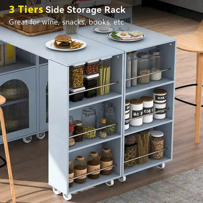 Rolling Kitchen Island: Extended Table, Power Outlets, Glass Doors